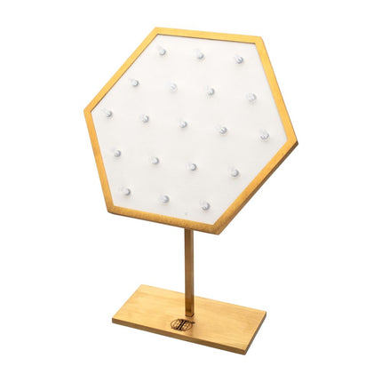 Invictus Satin Brass Hexagonal Frame on White Leatherette with 19-BJ Clip Hole Empty Display Stand for 14Kt Gold Jewelry
