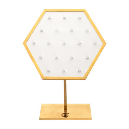 Invictus Satin Brass Hexagonal Frame on White Leatherette with 19-BJ Clip Hole Empty Display Stand for 14Kt Gold Jewelry