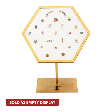 Invictus Satin Brass Hexagonal Frame on White Leatherette with 23-Pin Hole Empty Display Stand for 14Kt Gold Threadless Tops