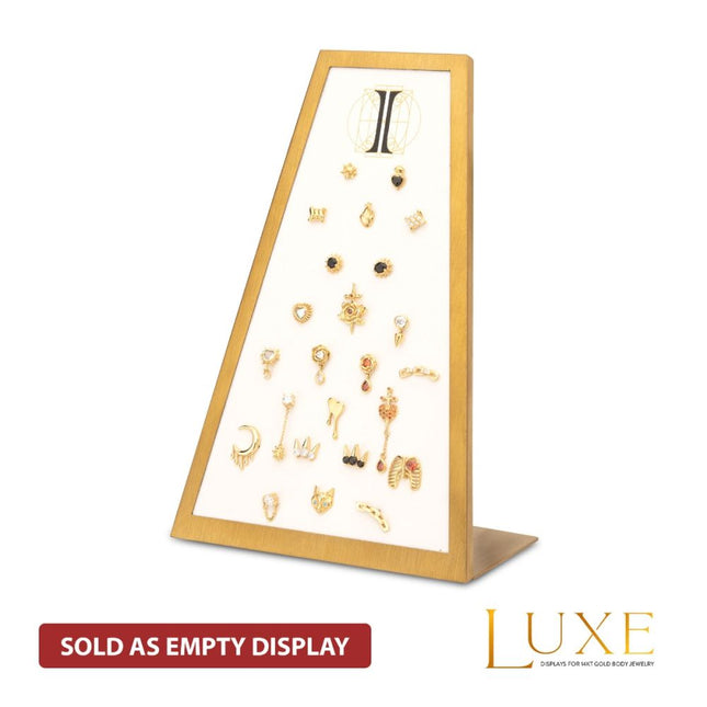 Invictus Satin Brass Frame on White Leatherette with 24-Pin Hole Empty Display for 14Kt Gold Threadless Tops