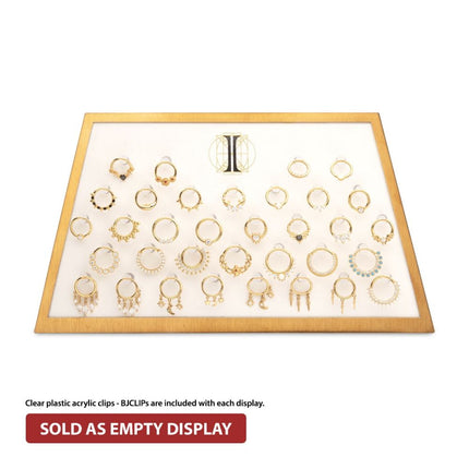 Invictus Satin Brass Frame on White Leatherette with 34-BJ Clip Hole Empty Display for 14Kt Gold Jewelry