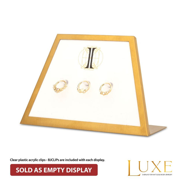 Invictus Satin Brass Frame on White Leatherette with 3-BJ Clip Hole Empty Display for 14Kt Gold Jewelry