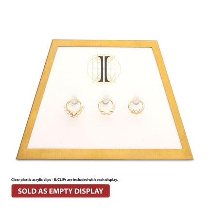 Invictus Satin Brass Frame on White Leatherette with 3-BJ Clip Hole Empty Display for 14Kt Gold Jewelry