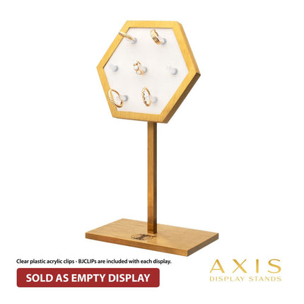 Invictus Satin Brass Hexagonal Frame on White Leatherette with 7-BJ Clip Hole Empty Display Stand for 14Kt Gold Jewelry
