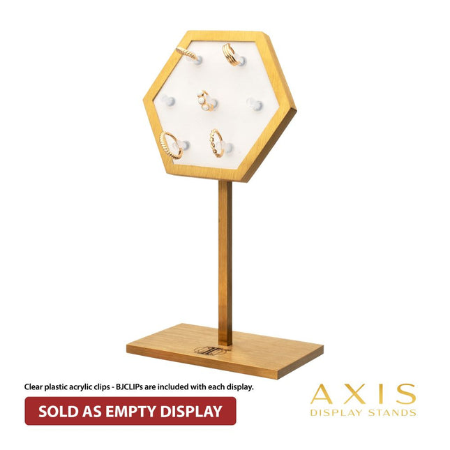 Invictus Satin Brass Hexagonal Frame on White Leatherette with 7-BJ Clip Hole Empty Display Stand for 14Kt Gold Jewelry