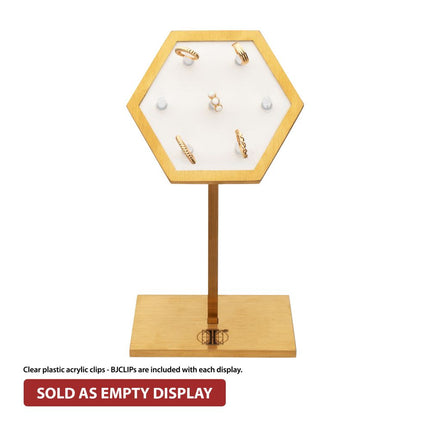 Invictus Satin Brass Hexagonal Frame on White Leatherette with 7-BJ Clip Hole Empty Display Stand for 14Kt Gold Jewelry