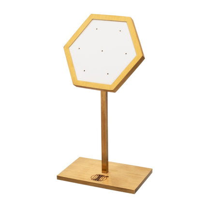 Invictus Satin Brass Hexagonal Frame on White Leatherette with 7-Pin Hole Empty Display Stand for 14Kt Gold Threadless Tops