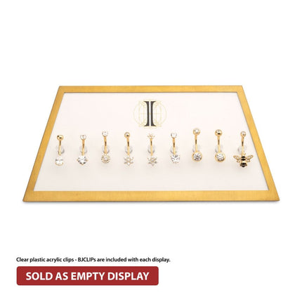 Invictus Satin Brass Frame on White Leatherette with 9-BJ Clip Hole Empty Display for 14Kt Gold Jewelry
