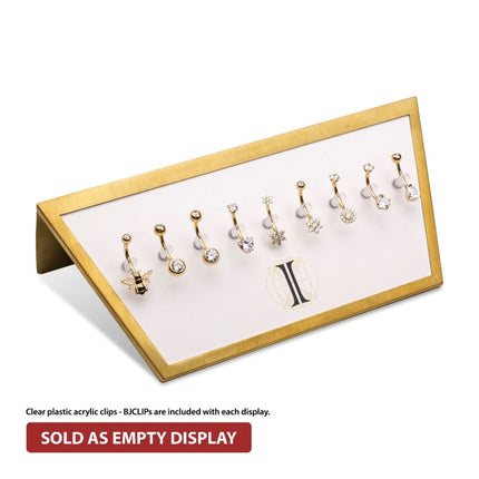 Invictus Satin Brass Frame on White Leatherette with 9-BJ Clip Hole Empty Display for 14Kt Gold Jewelry