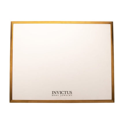 Invictus Satin Brass Frame on White Leatherette with Empty Display Base