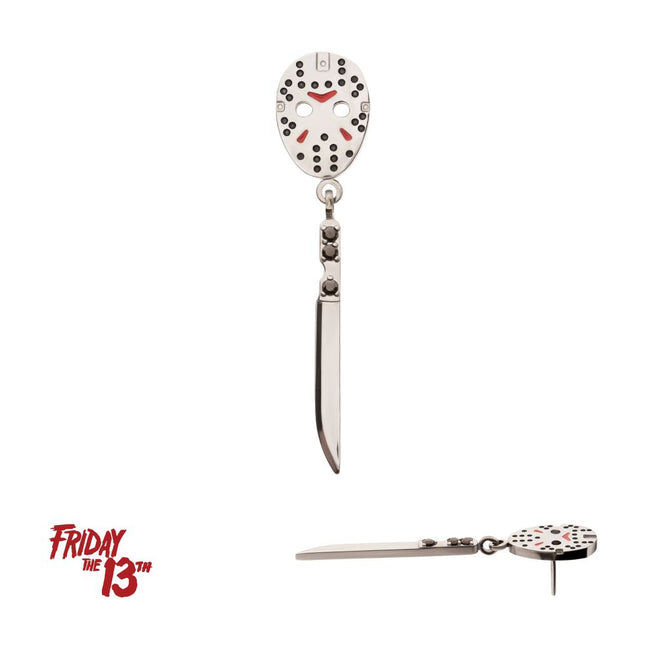 Invictus Titanium Threadless Enamel Friday The 13th Jason Mask Top with Black Gem Knife Dangle
