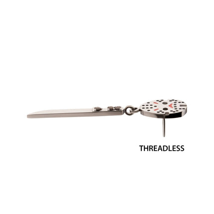 Invictus Titanium Threadless Enamel Friday The 13th Jason Mask Top with Black Gem Knife Dangle