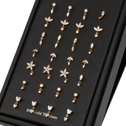 Invictus 24Kt Gold PVD Titanium Threadless Dangle Top Collection and Display