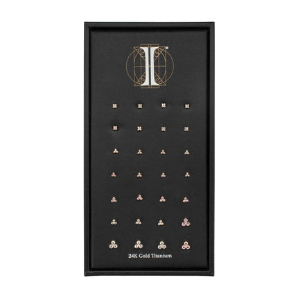 Invictus 24Kt Gold PVD Titanium Quadra & Refined Trinity Threadless Top Collection and Display