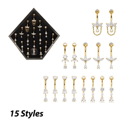 Invictus 24Kt Gold PVD Titanium Internally Threaded Clear CZ Gem Dangle Navel Collection and Display