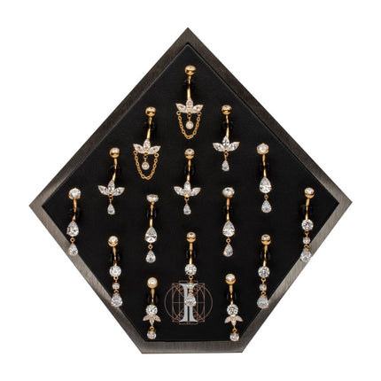 Invictus 24Kt Gold PVD Titanium Internally Threaded Clear CZ Gem Dangle Navel Collection and Display