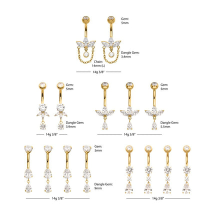 Invictus 24Kt Gold PVD Titanium Internally Threaded Clear CZ Gem Dangle Navel Collection and Display