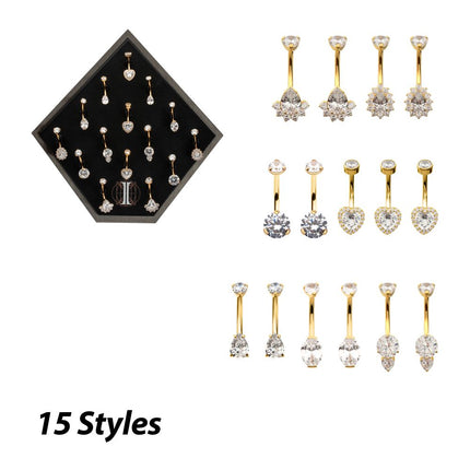 Invictus 24Kt Gold PVD Titanium Internally Threaded Clear CZ Gem Fixed Bottom Navel Collection and Display