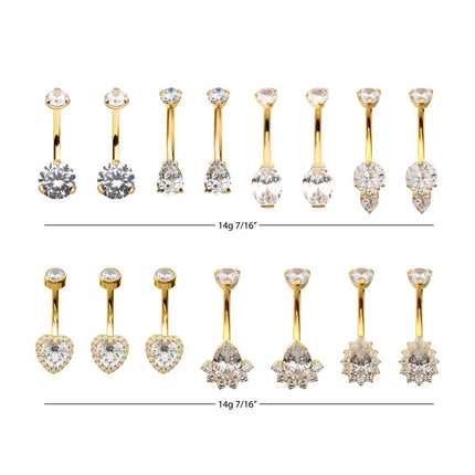 Invictus 24Kt Gold PVD Titanium Internally Threaded Clear CZ Gem Fixed Bottom Navel Collection and Display