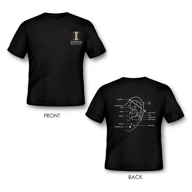 Invictus Men's Soft Cotton T-Shirt with Invictus Logo on front and an Ear Piercing Diagram at the back