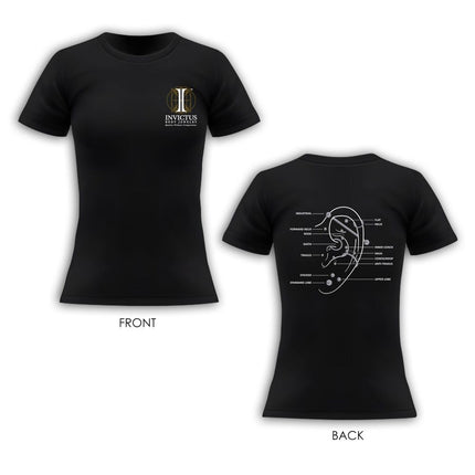 Invictus Women's Soft Cotton T-Shirt with Invictus Logo on front and an Ear Piercing Diagram at the back