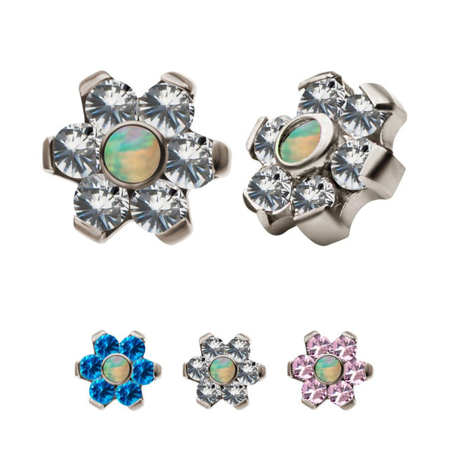 Invictus Titanium Internally Threaded White Synthetic Opal and CZ Gem Flower Top