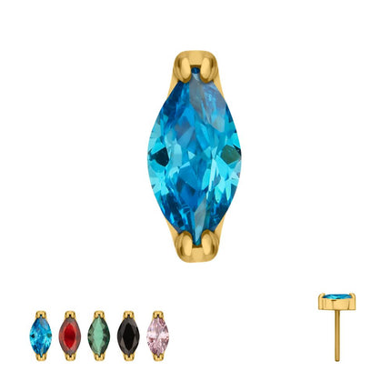 Invictus 24KT Gold PVD Titanium Threadless Double V-Prong 3mm Marquise CZ Gem Top