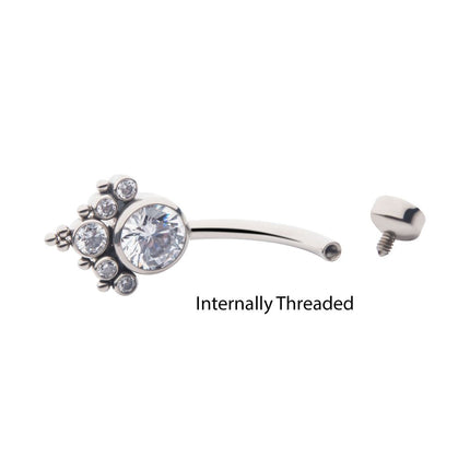 Invictus Titanium Internally Threaded with Tri Bead Bezel Set CZ Terraced Cluster Navel Curve