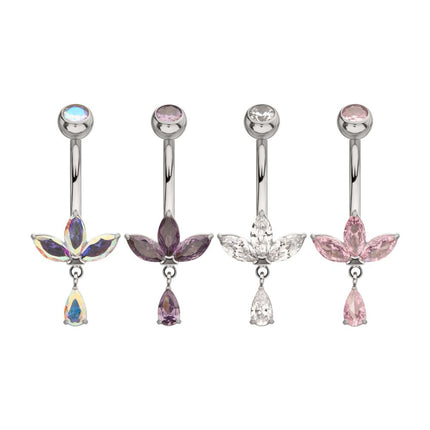 Invictus Titanium Internally Threaded Triple Marquise Gem Fan Navel with Floating Teardrop Gem Dangle