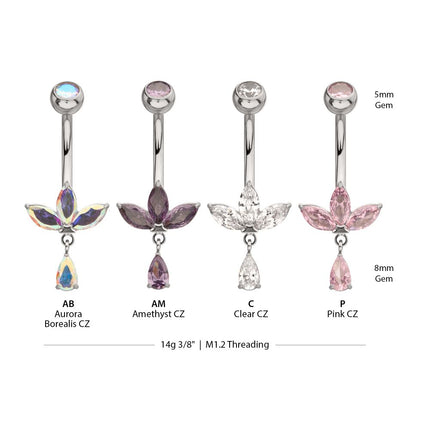 Invictus Titanium Internally Threaded Triple Marquise Gem Fan Navel with Floating Teardrop Gem Dangle