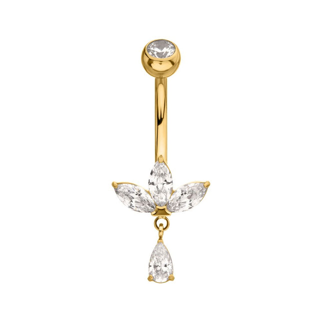Invictus 24kt Gold PVD Titanium Internally Threaded Triple Marquise Gem Fan Navel with Floating Teardrop Gem Dangle