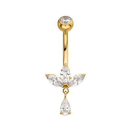 Invictus 24kt Gold PVD Titanium Internally Threaded Triple Marquise Gem Fan Navel with Floating Teardrop Gem Dangle