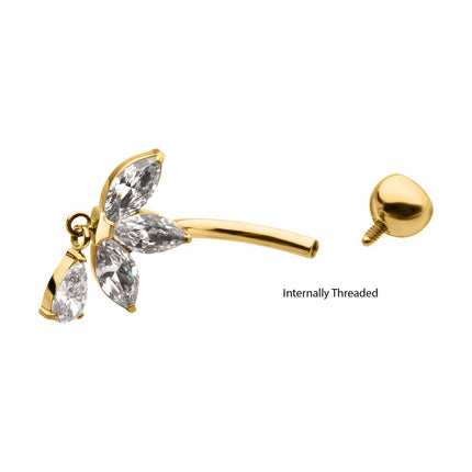 Invictus 24kt Gold PVD Titanium Internally Threaded Triple Marquise Gem Fan Navel with Floating Teardrop Gem Dangle