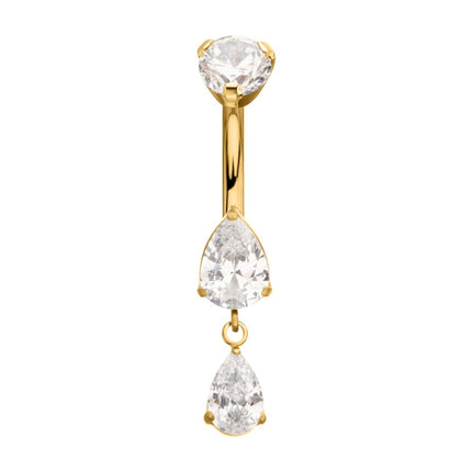 Invictus 24Kt Gold PVD Titanium Internally Threaded Double Teardrop Prong Set Gem Dangle Navel