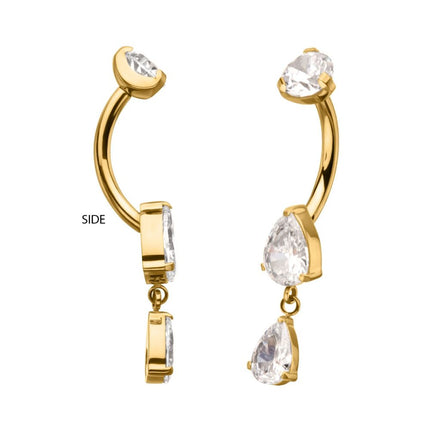 Invictus 24Kt Gold PVD Titanium Internally Threaded Double Teardrop Prong Set Gem Dangle Navel