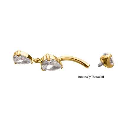 Invictus 24Kt Gold PVD Titanium Internally Threaded Double Teardrop Prong Set Gem Dangle Navel