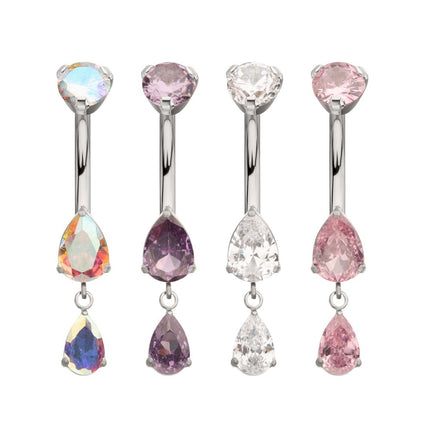 Invictus Titanium Internally Threaded Double Teardrop Prong Set Gem Dangle Navel