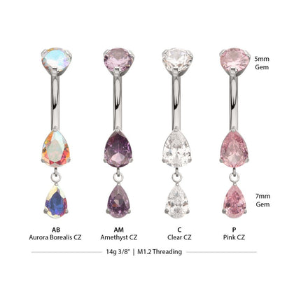 Invictus Titanium Internally Threaded Double Teardrop Prong Set Gem Dangle Navel