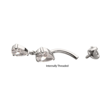 Invictus Titanium Internally Threaded Double Teardrop Prong Set Gem Dangle Navel