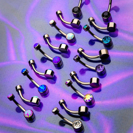 Invictus Titanium Internally Threaded with Flat Back Round Bezel Set Double Synthetic Opal Navel Curves