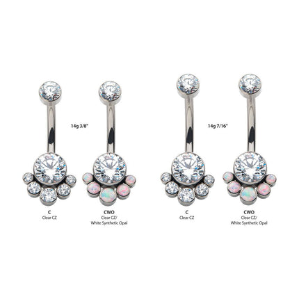 Invictus Titanium Internally Threaded with 5 Bezel Set Round CZ/Synthetic Opal Terraced Cluster Fixed Navel