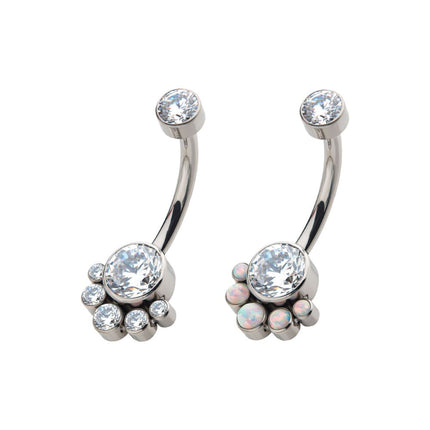 Invictus Titanium Internally Threaded with 5 Bezel Set Round CZ/Synthetic Opal Terraced Cluster Fixed Navel