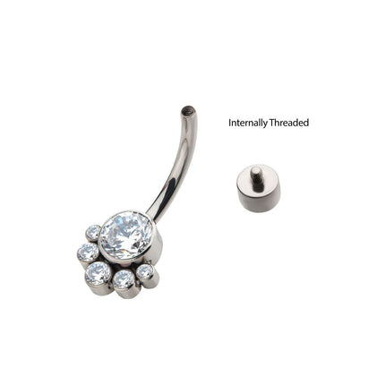 Invictus Titanium Internally Threaded with 5 Bezel Set Round CZ/Synthetic Opal Terraced Cluster Fixed Navel