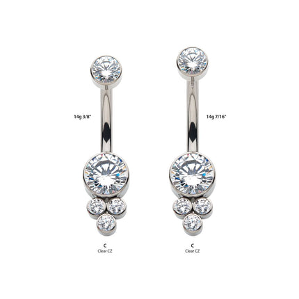 Invictus Titanium Internally Threaded with 3 Bezel Set Round Clear CZ Cluster Fixed Navel