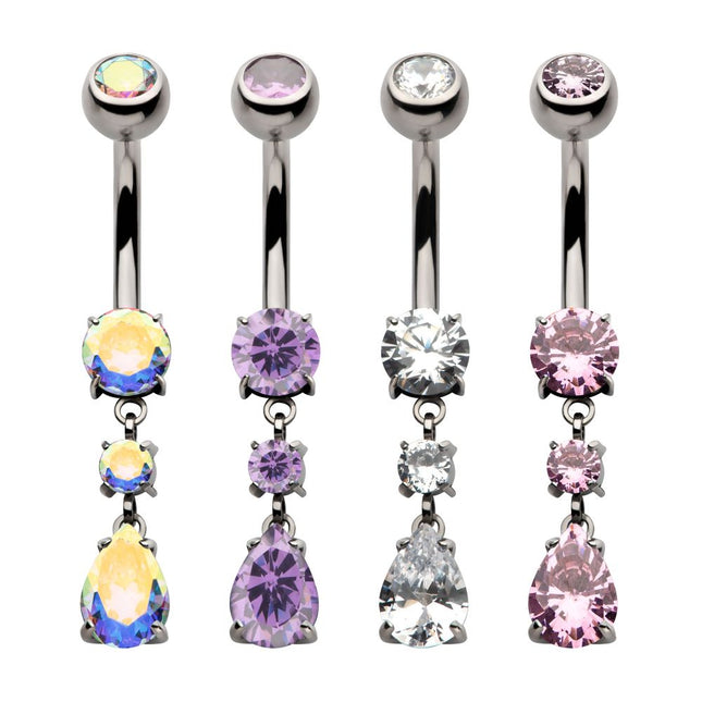Invictus Titanium Internally Threaded Double Dangle Prong Set Round and Teardrop Gem Navel