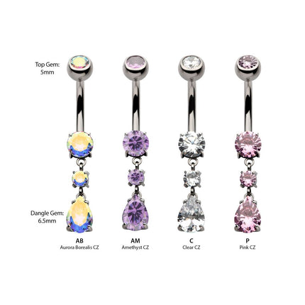 Invictus Titanium Internally Threaded Double Dangle Prong Set Round and Teardrop Gem Navel