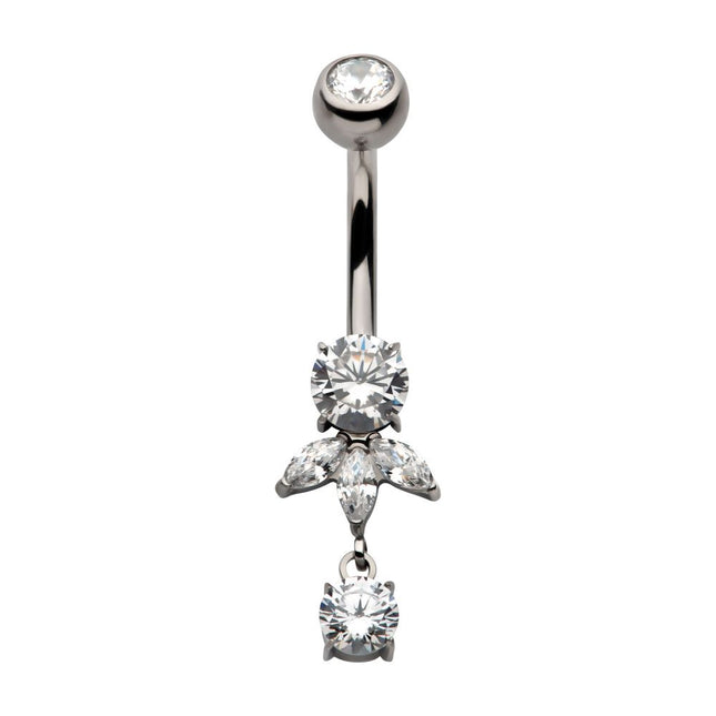 Invictus Titanium Internally Threaded Triple Marquise Gem Fan with Floating Round Gem Dangle Navel