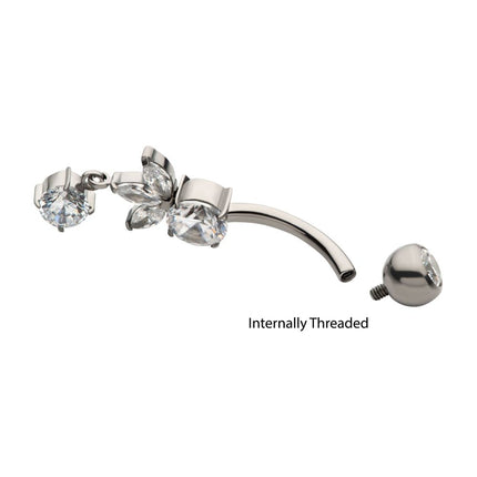Invictus Titanium Internally Threaded Triple Marquise Gem Fan with Floating Round Gem Dangle Navel