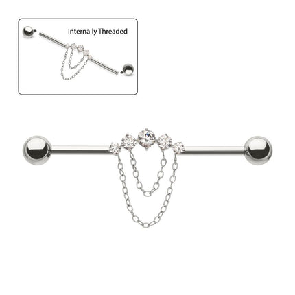 Invictus Titanium Internally Threaded 5 Round Prong Set Gem Cluster with 2-Tier Chain & Ball End Industrial Barbell