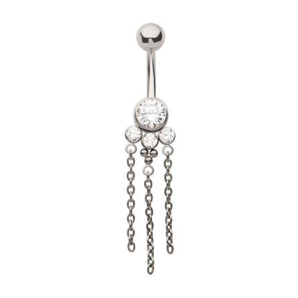 Invictus Titanium Internally Threaded Bezel Set Round Gem Cluster Navel with Tri-Bead and Triple Chain Dangle